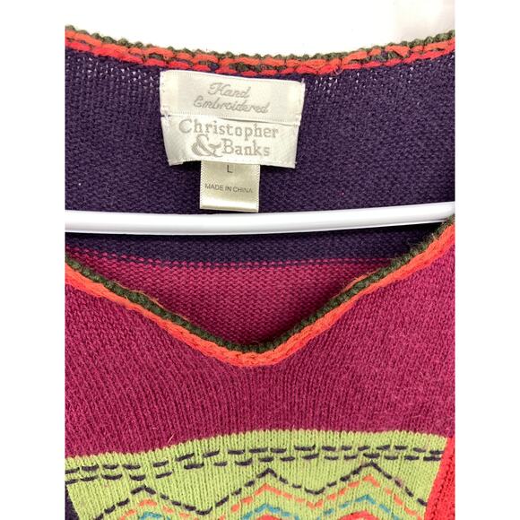 Christopher & Banks Multicolor Patchwork V-Neck Sweater Size L Grandmacore - Picture 3 of 6